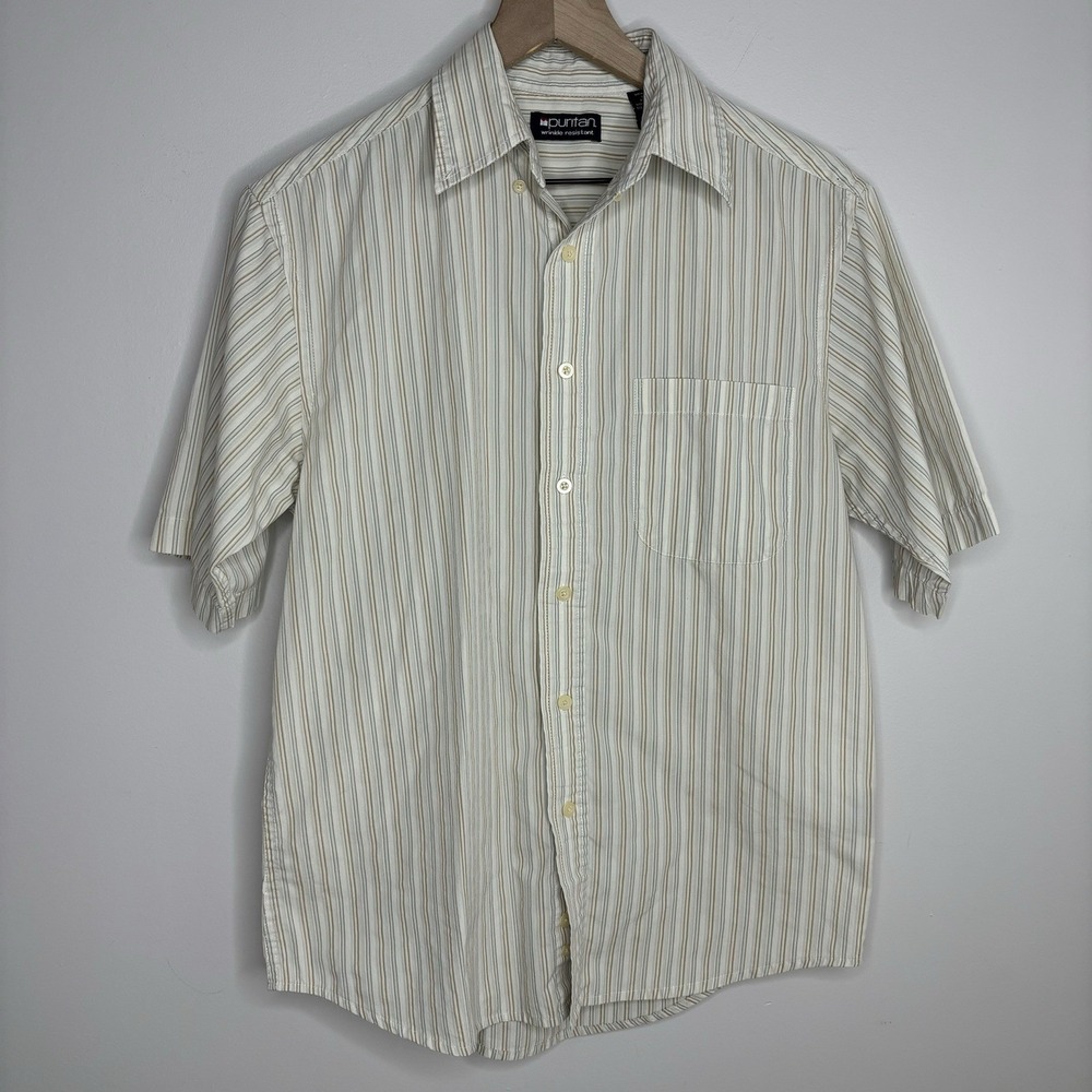 Puritan Mens Beige Stripe Button Down 34/36 Large Punk Grunge‎ 90s Boxy Skater